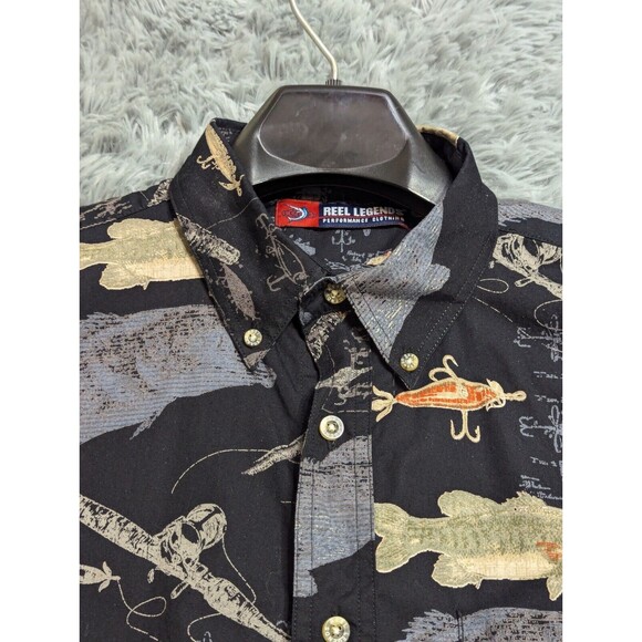 Reel Legends Fishing Lure Fish Button Down Shirt Mens Size Large Hawaiian Cotton - Picture 3 of 9